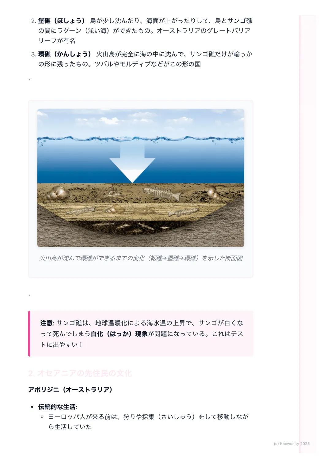 # 島々の自然と文化

オセアニアの島々の概要

オセアニア州は、太平洋にちらばるたくさんの島々からできている島々は、そ
の成り立ちや文化から、ミクロネシア、メラネシア、ポリネシアの3つの地域に
分けられるこの地域の多くは一年中あたたかい気候で、きれいな海が特徴

大事な用語と基