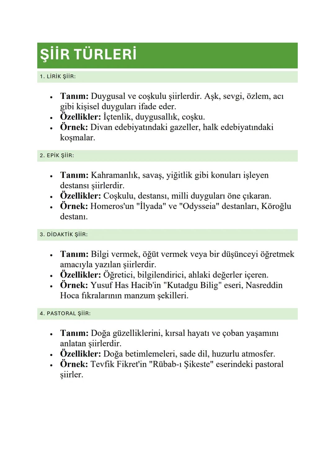 ŞİİR TÜRLERİ
1. LİRİK ŞİİR:
•
•
Tanım: Duygusal ve coşkulu şiirlerdir. Aşk, sevgi, özlem, acı
gibi kişisel duyguları ifade eder.
Özellikler: