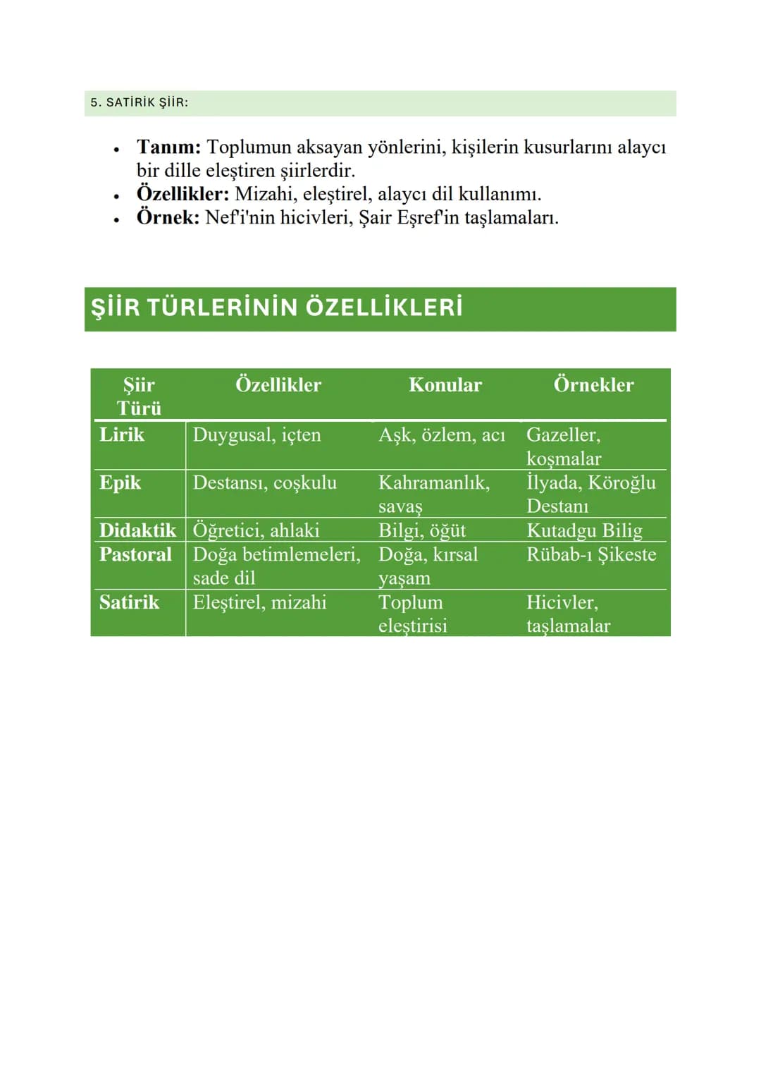 ŞİİR TÜRLERİ
1. LİRİK ŞİİR:
•
•
Tanım: Duygusal ve coşkulu şiirlerdir. Aşk, sevgi, özlem, acı
gibi kişisel duyguları ifade eder.
Özellikler: