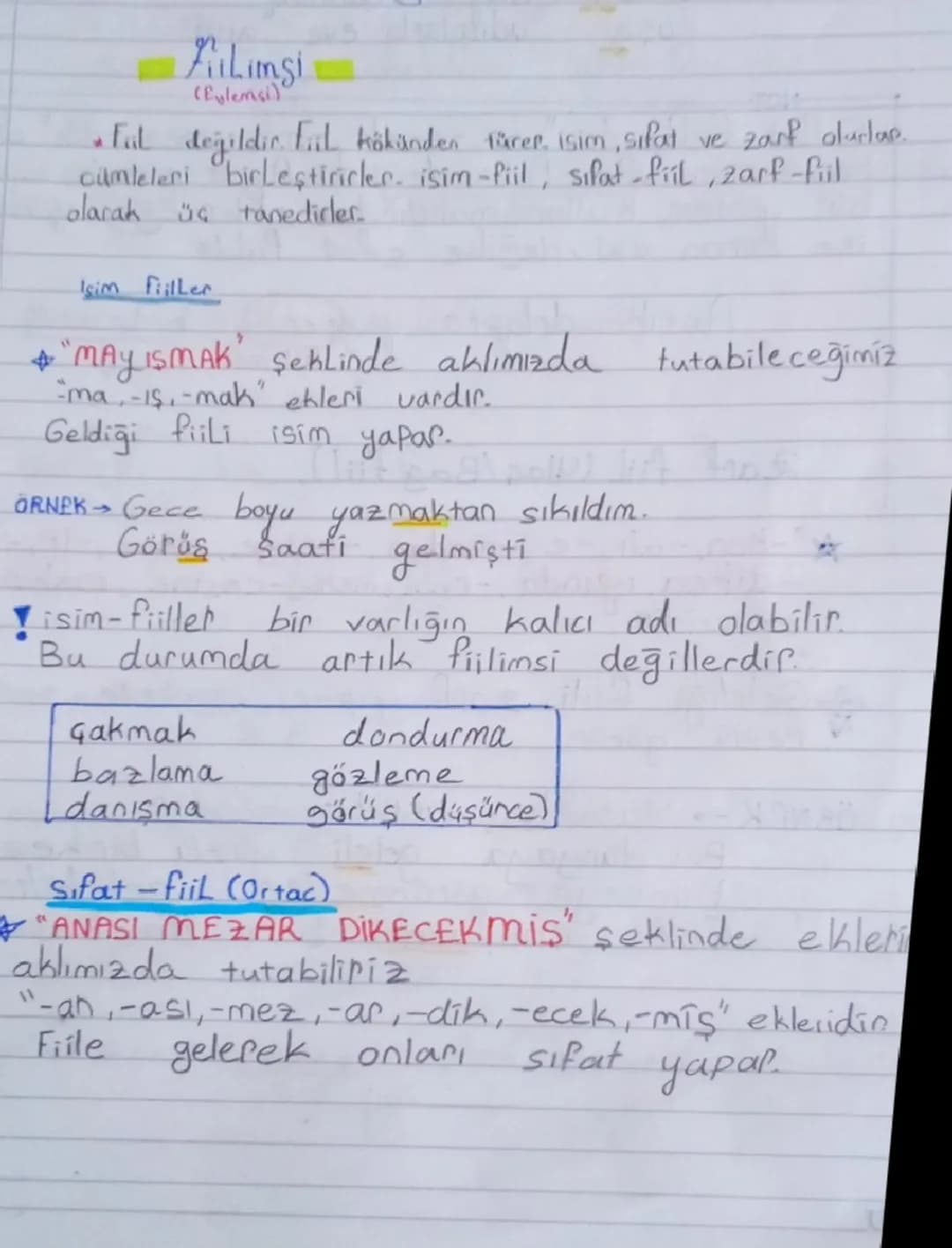 --- OCR Start ---
Fillimsi
(Pylemsi
Ful değildir. Fiil kökünden türeer, isim, sıfat ve zarf olurlar.
cümleleri birleştirirler. isim-fiil, si
