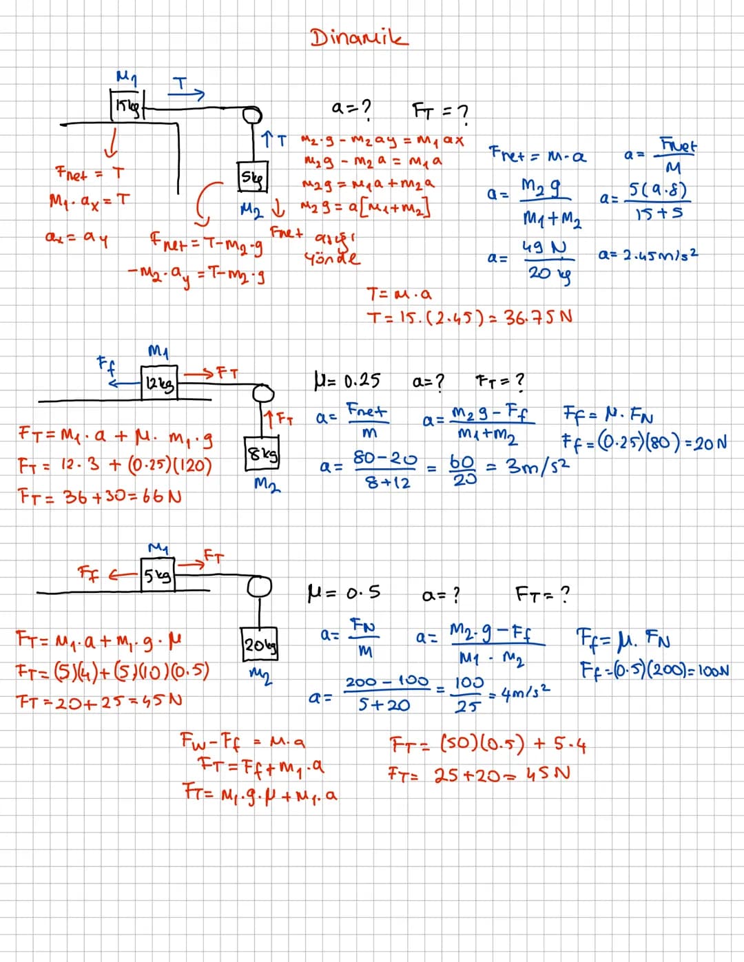 Dinamik
↓
M
15kg.
+
Fret = T
She
TT M₂-9-M₂ay = M₁ ax
9=2
FT = 7
Fuet
М29 - м2 а = мла
Fret = M-a
Q=
M
M29 = M₁a+m₂ a
Max = T
Fret
ax=94
Fre