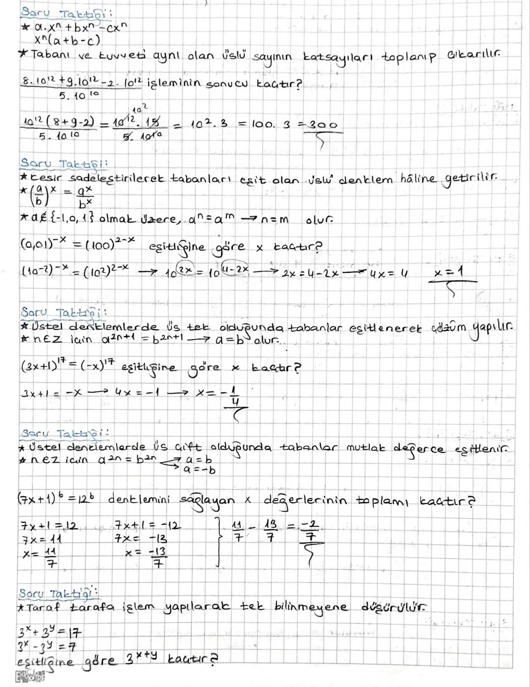 Saru Taktini:
xn(a+b-c)
* Tabanı ve kuvveti aynı olan üslü sayının katsayıları toplanıp çıkarılır.
8.10 12 +9.10 12 -2- 101 işleminin sonucu