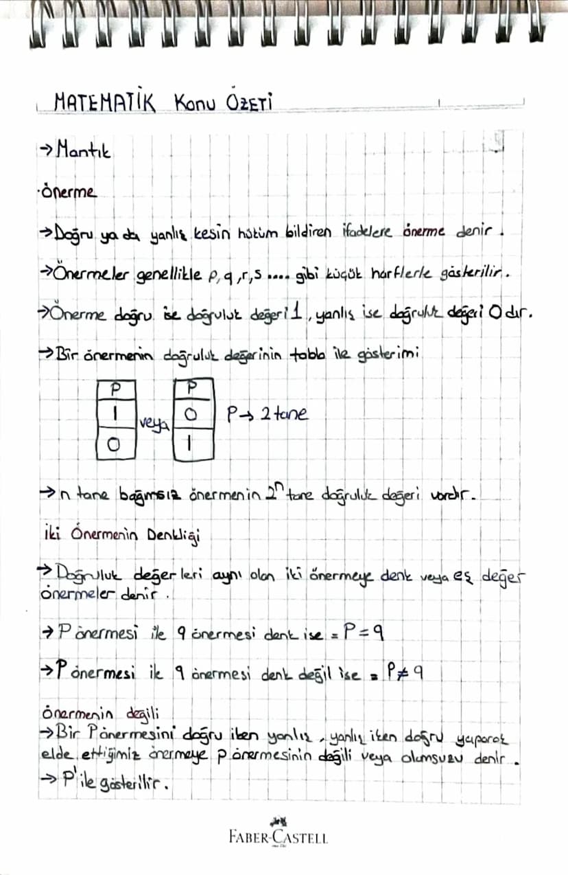 MATEMATİK Konu ÖZETİ
→ Mantık
•önerme
>Doğru ya da yanlış kesin hotum bildiren ifadelere önerme denir
>Önermeler genellikle p, q,r, S.... gi