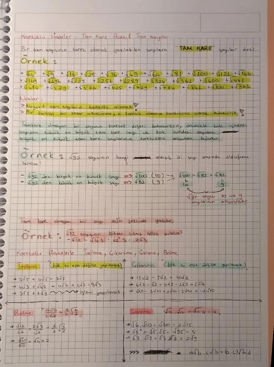Kareköklü ifadeler.
Tom Kare Pozitif Tom sayılar
Bir tam sayısının karesi olarak yazılabilen sayılara
Ornek
TAM KARE sayılar denir.
+54 +59

