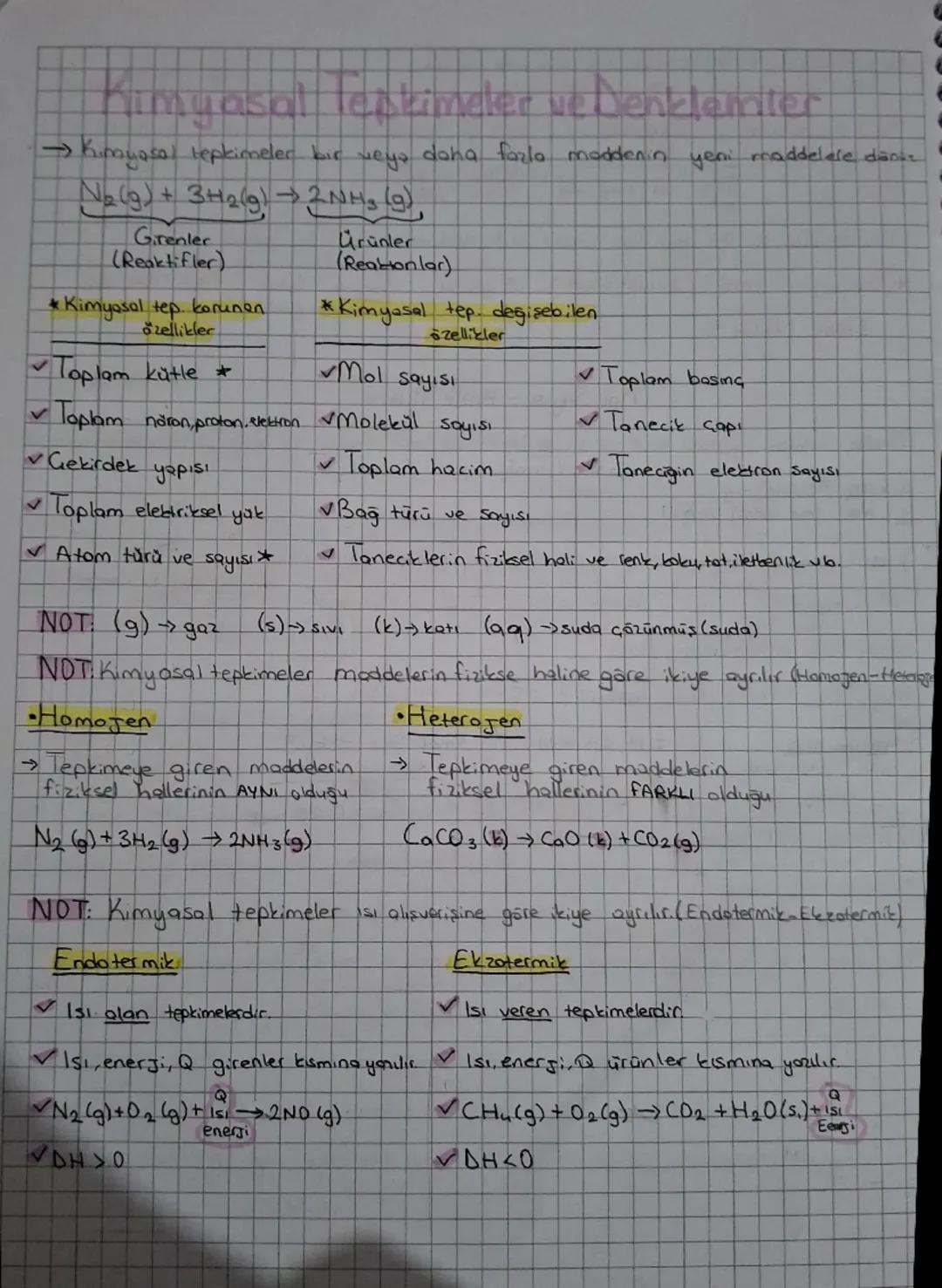 10 sınıf kimya kimyasal tepkimeler ve denklemler konu anlatım notu ve kavramlar