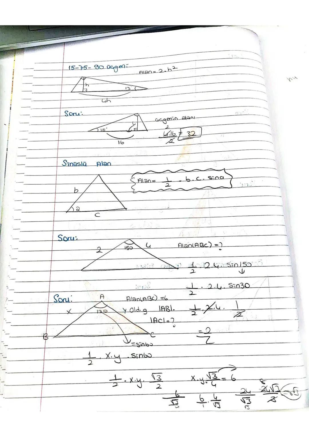 Soru:
Soru:
Soru
B
A
4
6
8
Alan(ABC)=?
10.4
=20
Z
EL
10
30
10
53
160'
FA
5
Ozel
↓
30
5
3
8
boyalı üçgenin alanı=?
5√362
ZZ
Alan=5√3
boyalı ü