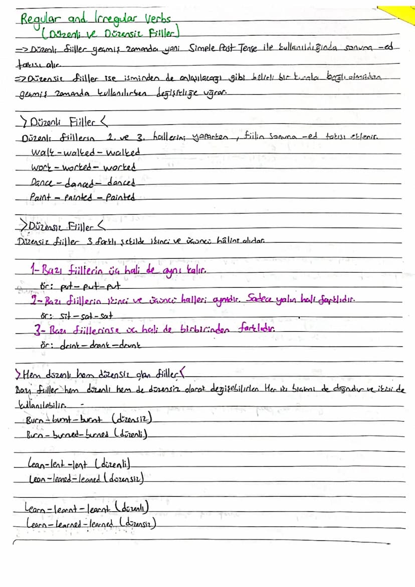 Regular and Irregular Verbs
(Düzenli ve Düzensiz Biller)
-> Düzenli fiiller geçmiş zamanda yani Simple Past Tense ile kullanıldığında sonuna