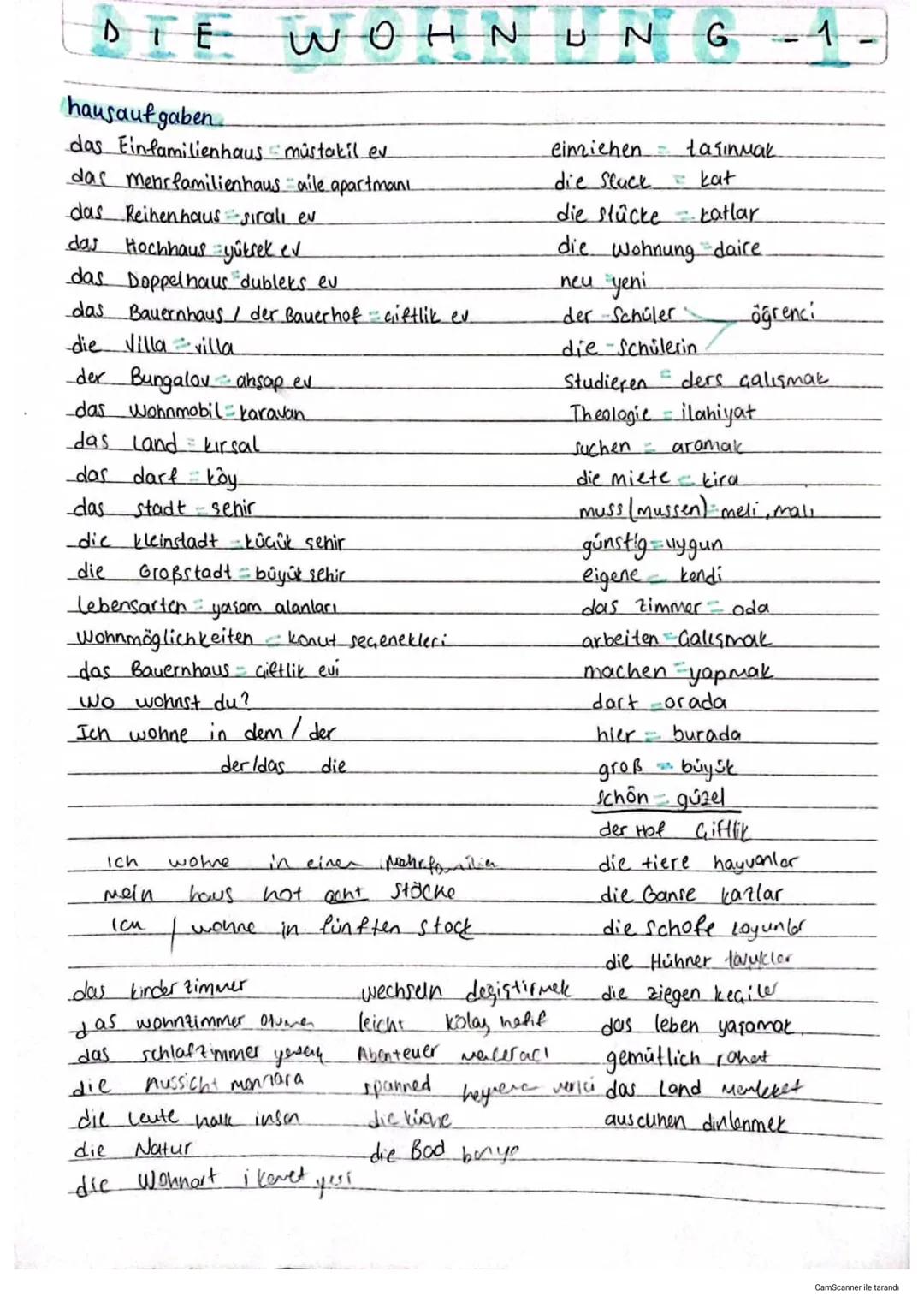 DTE
hausaufgaben
WOHNUN
das Einfamilienhaus müstakil ev
das mehrfamilienhaus aile apartmani.
das Reihenhaus sirali ev
G
einziehen taşınmak
d