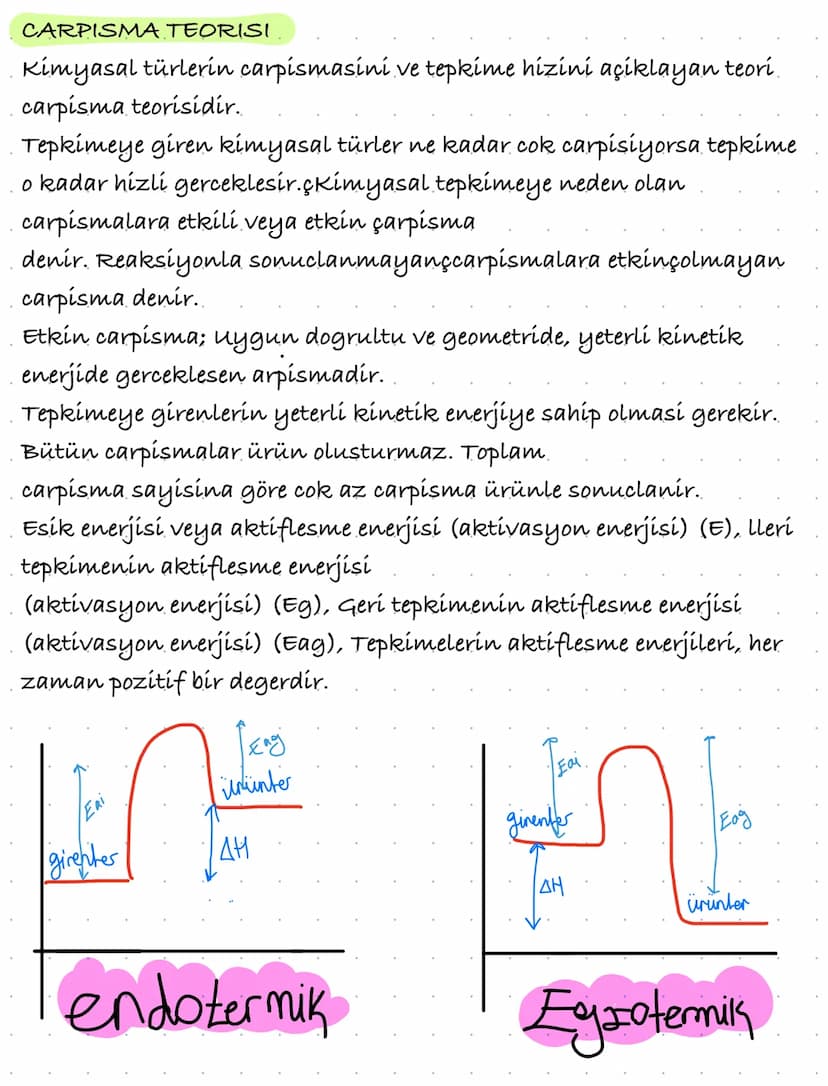 CARPISMA TEORISI
Kimyasal türlerin carpismasini ve tepkime hizini açıklayan teori.
carpisma teorisidir.
Tepkimeye giren kimyasal türler ne k