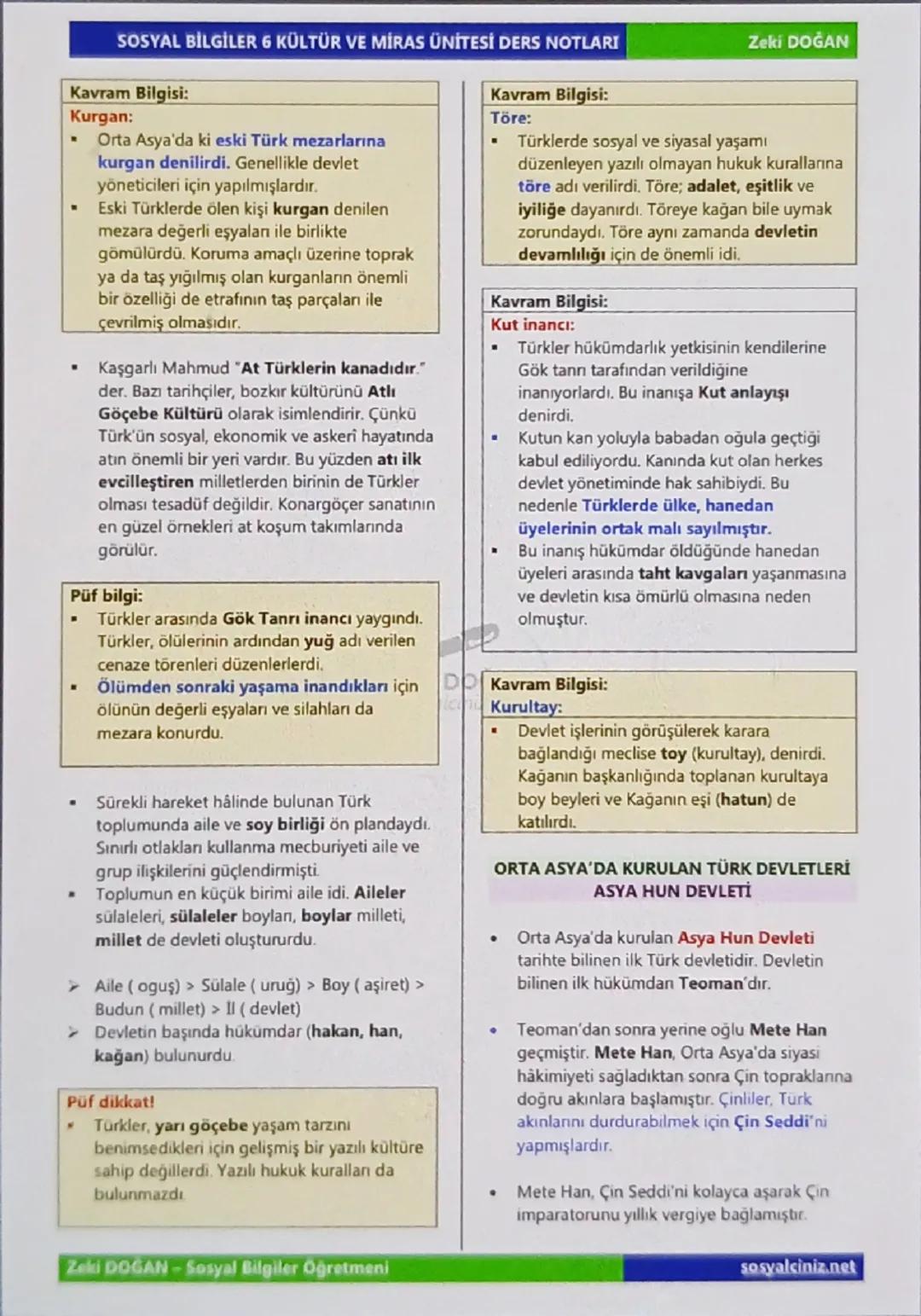# SOSYAL BİLGİLER 6 KÜLTÜR VE MİRAS ÜNİTESİ DERS NOTLARI

# DESTAN VE YAZITLARDA TÜRKLER

- Türklerin bilinen ilk yurdu Orta Asya'dır.

# Ka