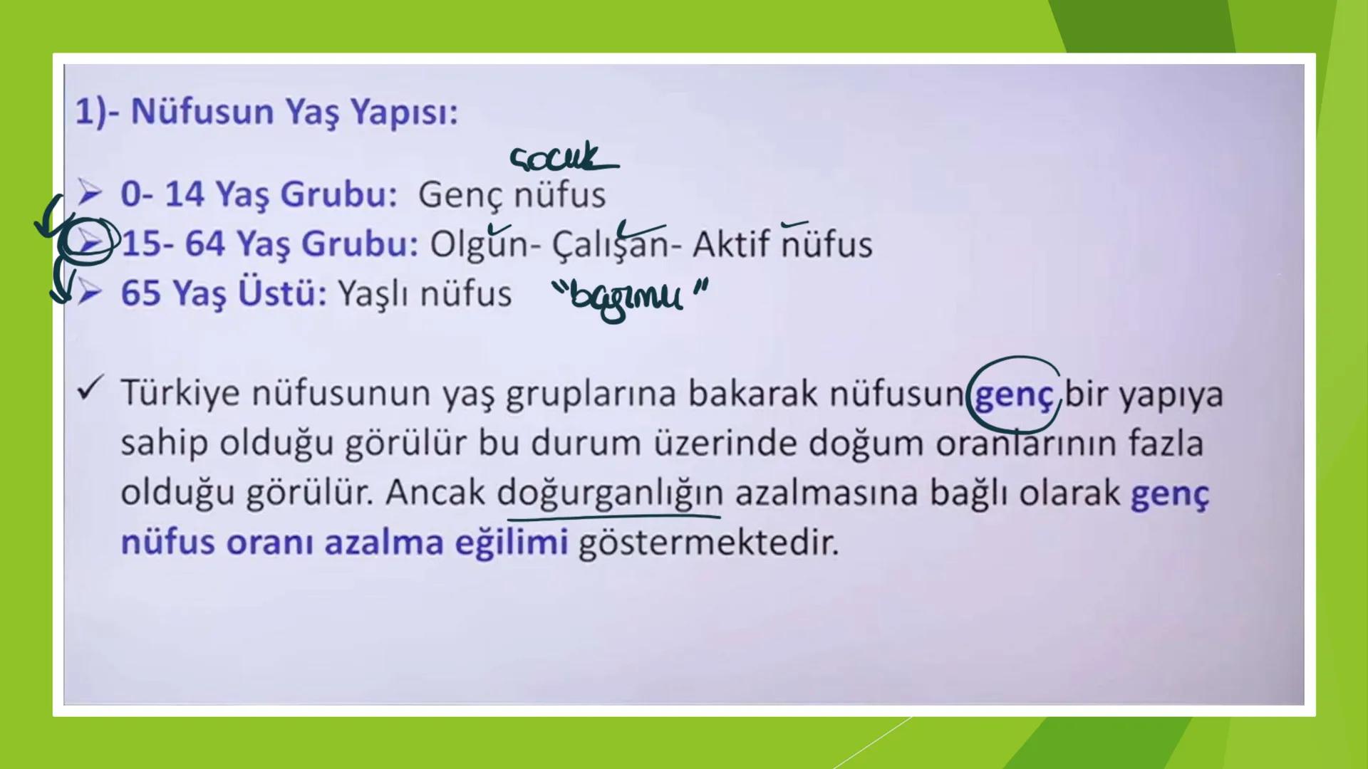 TÜRKİYE'DE NÜFUS Sınırları belli bir alanda belli bir zaman diliminde yaşayan insan sayısına nüfus
denir.
▸ Demografik Yatırımlar: Nüfusa ya