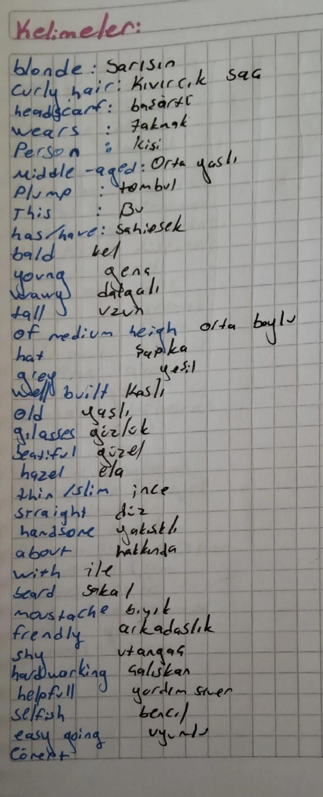 Kelimeler:
blonde: Sarısın
Curly hair: Kıvırcık saç
headscarf: basarti
wears : Faknak
Person : kisi
Middle-aged: Orta yaslı
Plump : tombul
T