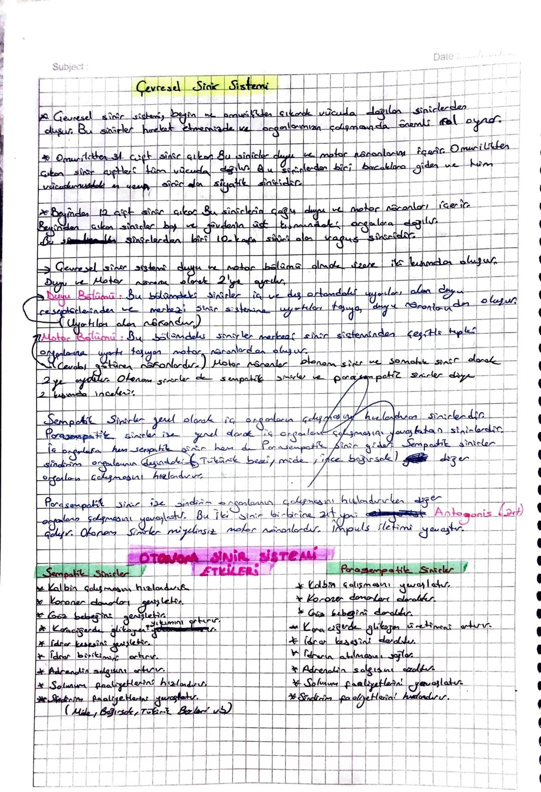 Subject:
Date d
Gevresel Sinic Sistemi
* Gevresel sinir sistemi, beyin me amwritten çıkarak vücuda değilan sinirlerden
dusur. Bu sinirler ho