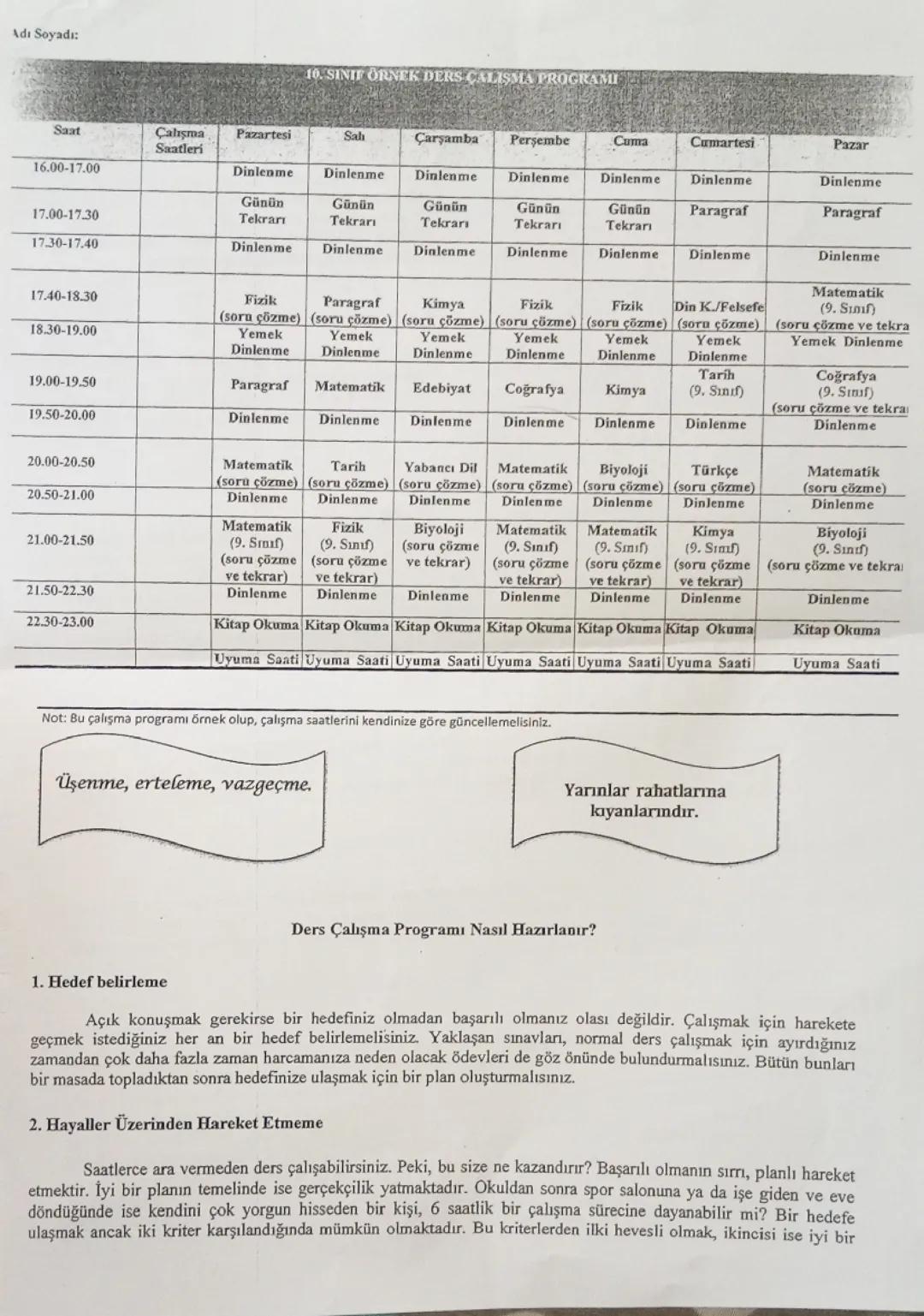 10. Sınıf çalışma düzeni 