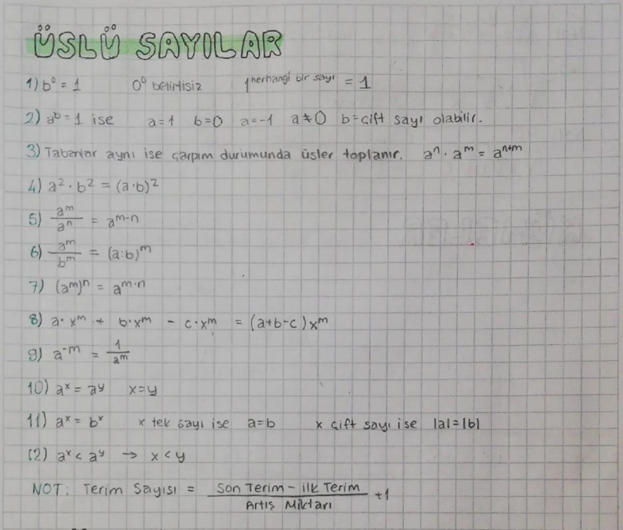 00
ÜSLÜ SAYILAR
1) b=1
0° belirtisiz
herhangi bir sayr 1
=
2) ab=1 ise
a = 4 b=0 a=-1 a0 b = çift sayı olabilir.
3) Tabanlar aynı ise çarpım