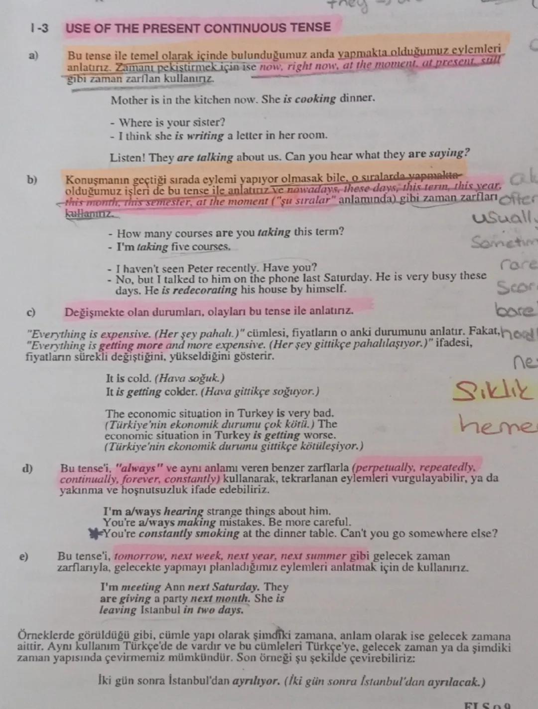 # 1-3 USE OF THE PRESENT CONTINUOUS TENSE

a)
Bu tense ile temel olarak içinde bulunduğumuz anda yapmakta olduğumuz eylemleri
anlatırız. Zam