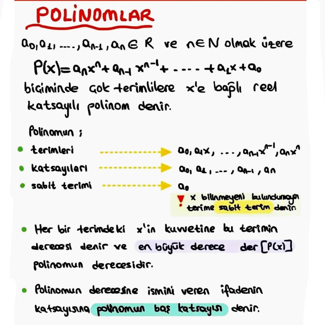 POLINOMLAR
a0, a11, an-1, an ER ve nEN olmak üzere
001011
P(x)=a^x^+an+
X1-1+
°0+x³o+-
biçiminde çok terimlilere x'e bağlı reel
katsayılı po