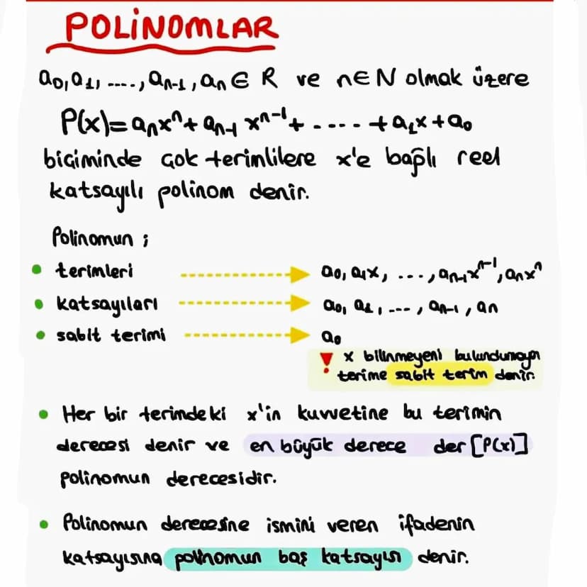 POLINOMLAR
a0, a11, an-1, an ER ve nEN olmak üzere
001011
P(x)=a^x^+an+
X1-1+
°0+x³o+-
biçiminde çok terimlilere x'e bağlı reel
katsayılı po