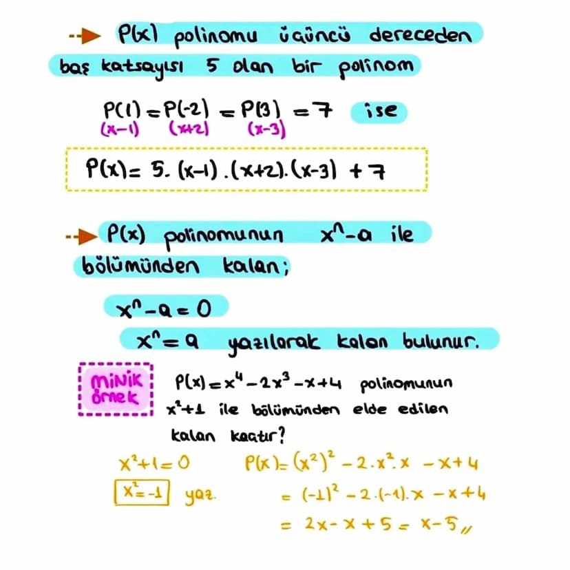 POLINOMLAR
a0, a11, an-1, an ER ve nEN olmak üzere
001011
P(x)=a^x^+an+
X1-1+
°0+x³o+-
biçiminde çok terimlilere x'e bağlı reel
katsayılı po