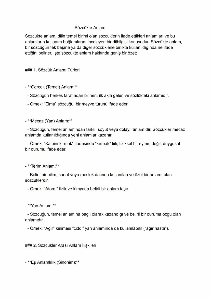 Sözcükte Anlam
Sözcükte anlam, dilin temel birimi olan sözcüklerin ifade ettikleri anlamları ve bu
anlamların kullanım bağlamlarını inceleye