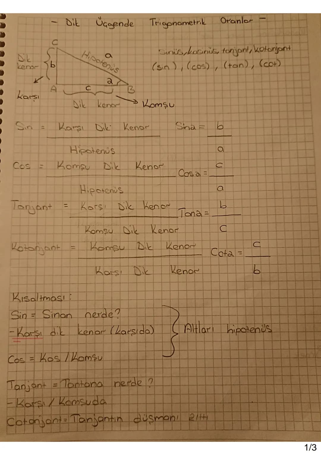 --- OCR Start ---
Dit
Üçgende Trigonometrik
Oranlar -
C
Dik
kenor b
✓
karşı
Sin =
A
9
Hipotenus
C
2B
Sinüs, kasinüs, tanjant, kotonjant
(sin