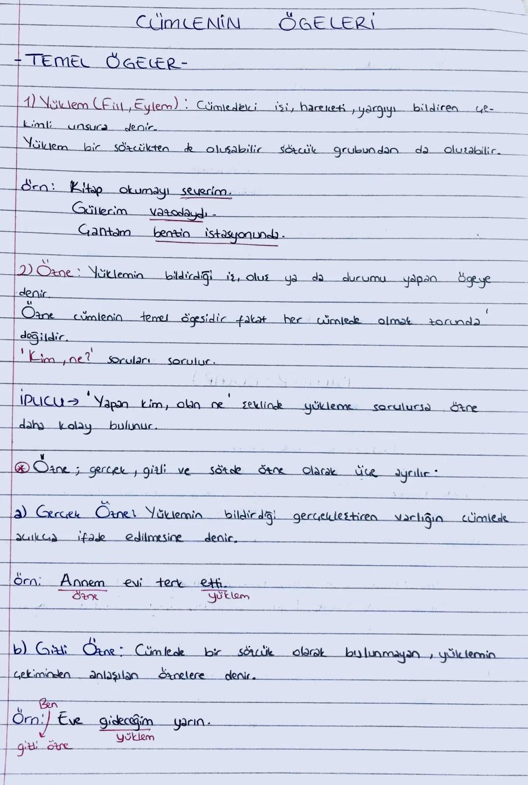 # CÜMLENIN ÖGELERİ

-TEMEL ÖGELER-

1) Yüklem (Fill, Eylem): Cümledeki isi, hareketi, yargıyı bildiren ge-
kimli unsura denir.

Yüklem bir s