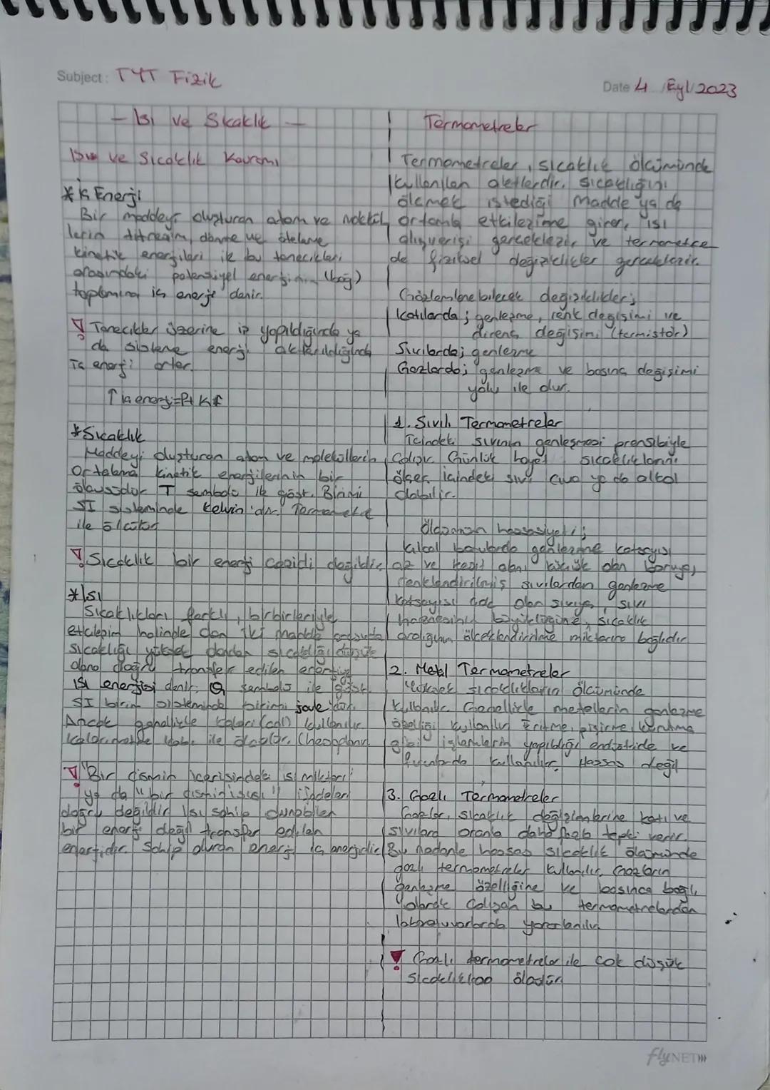 Subject: Fizik
si ve Skaklik.
1
Termometreler
IS ve Sıcaklık Kauromi
* Enerji
Date Eyl/2023
Termometreler sıcaklık ökümünde
kullanılan aletl