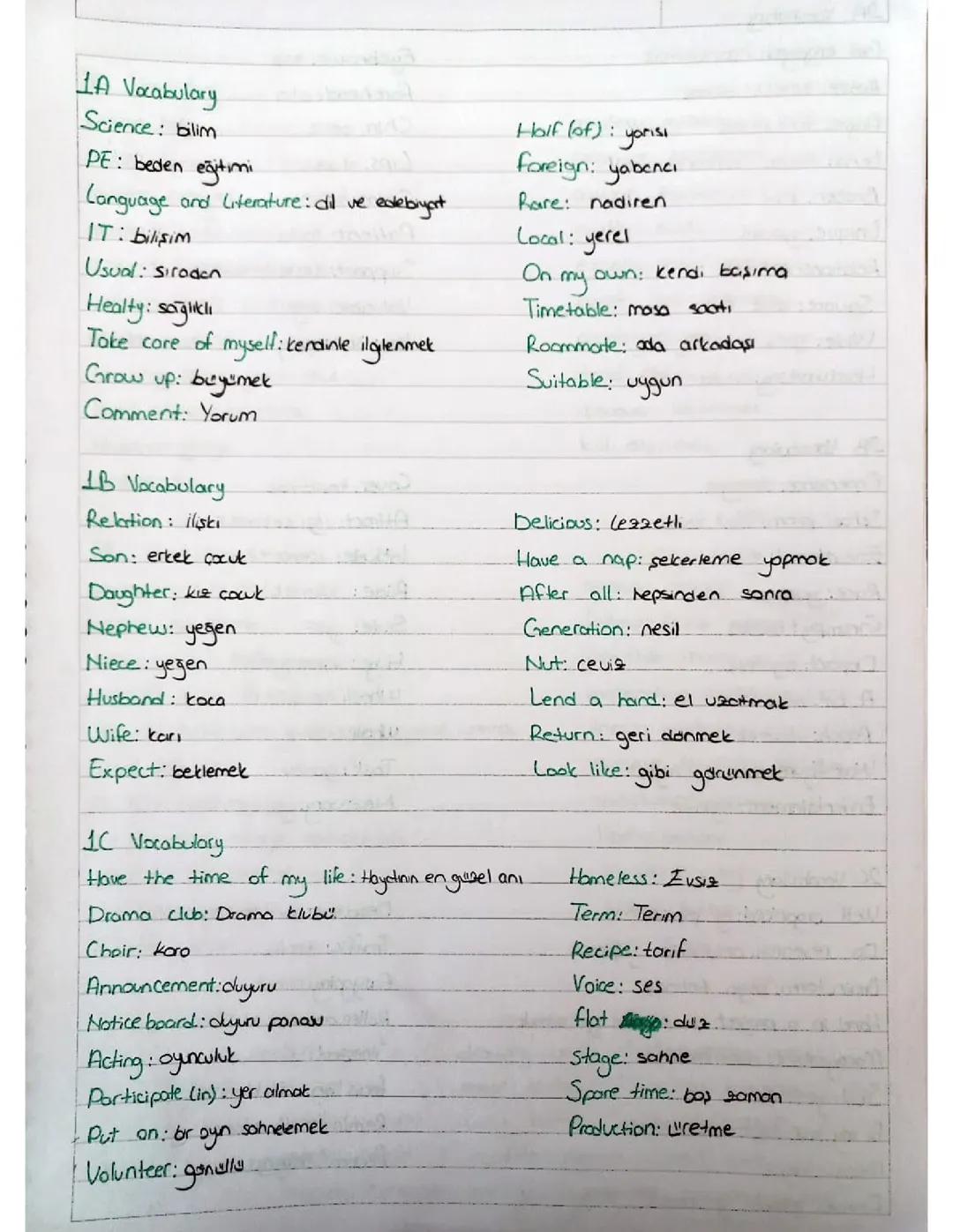 10. Sınıf İngilizce 1. Unite kelimeleri ve Türkçe karşılıkları 