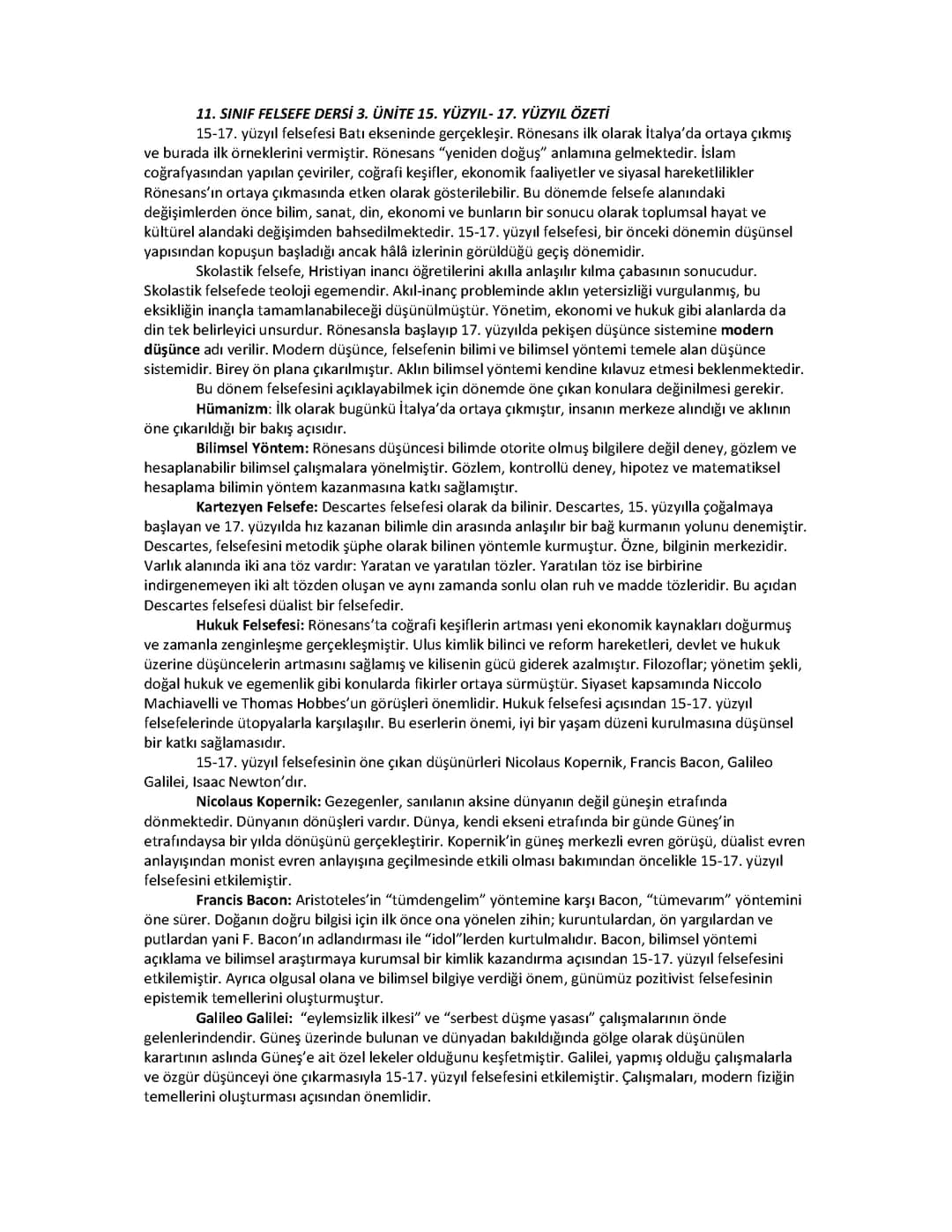 11. Sınıf 15 ve 17. Yüzyıl Felsefesi: Genel Özellikler, Descartes ve Rönesans