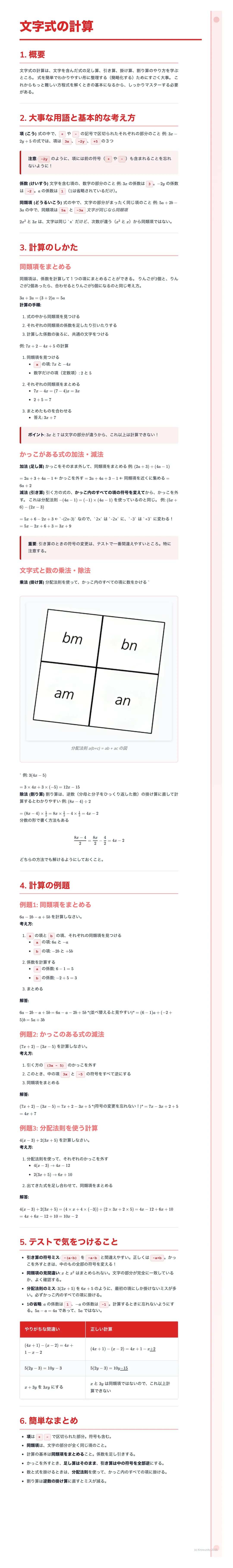 # 文字式の計算

1.

2.大事な用語と基本的な考え方

3、計算のしかた

|   |   |
| --- | --- |
| $bm$ | $bn$ |
| $am$ | $an$ |

5. テストで気をつけること

簡単なまとめ