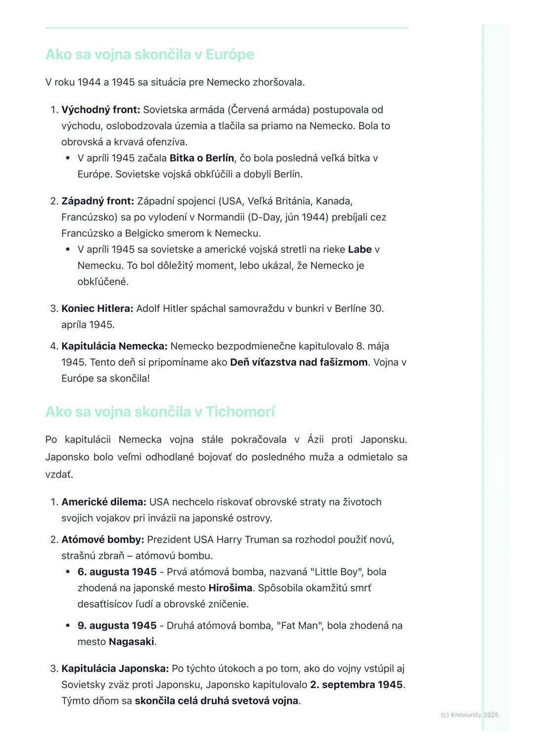 # Koniec vojny a jej dôsledky

## 1. Prehľad konca vojny a jej následkov

Takže, druhá svetová vojna bola obrovský konflikt, ktorý zmenil ce
