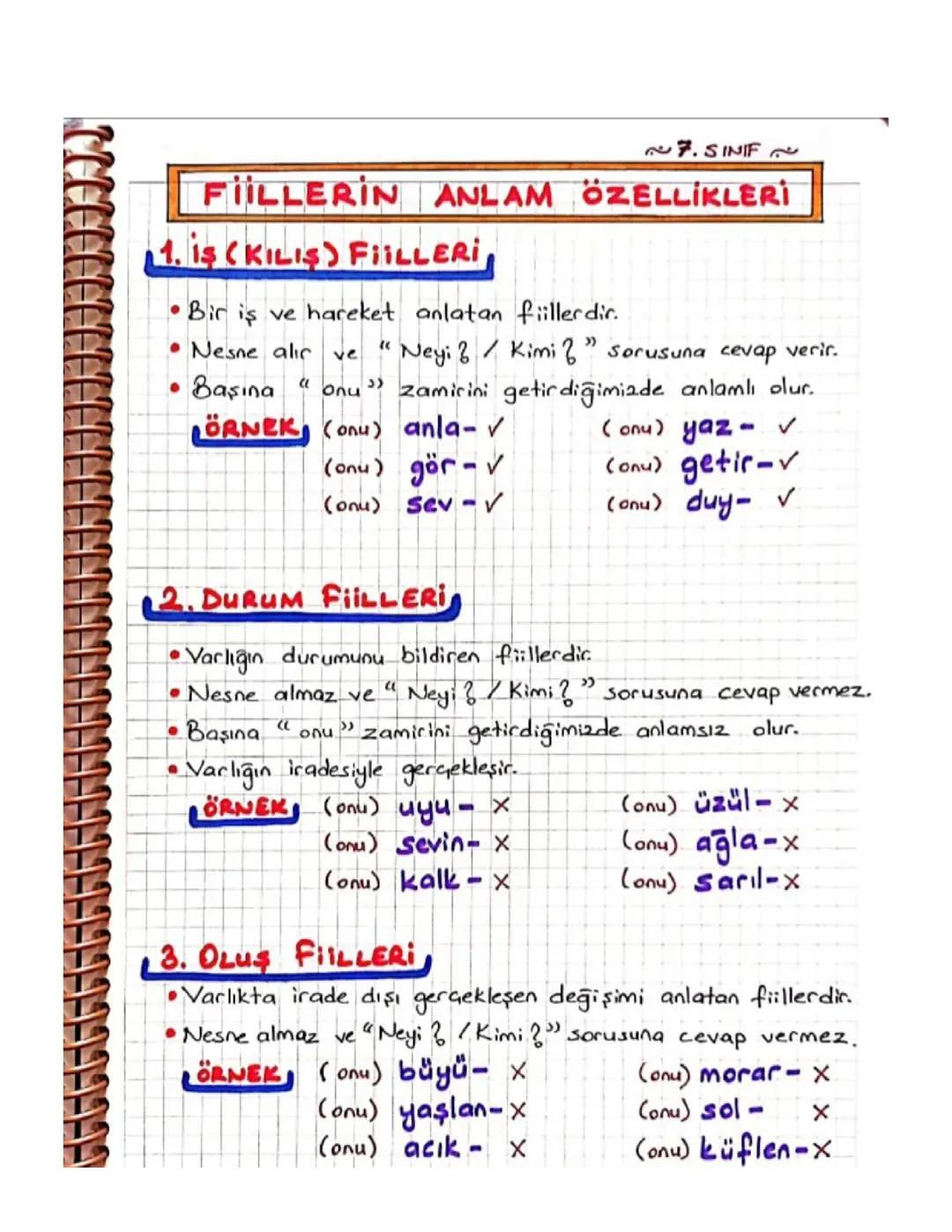 7. Sınıf Fiillerin Anlam Özellikleri Konu Anlatımı ve Test Örnekleri - İş, Oluş, Durum Fiilleri