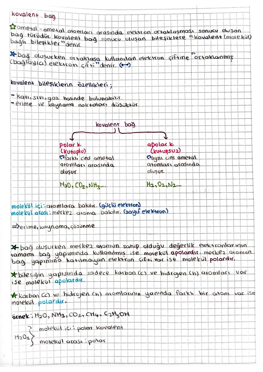 kovalent bag
✰ometal-ametal atomları arasında elektron ortaklaşması sonucu oluşan
bağ türüdür. Kovalent bağ sonucu oluşan bileşiklere "Koval