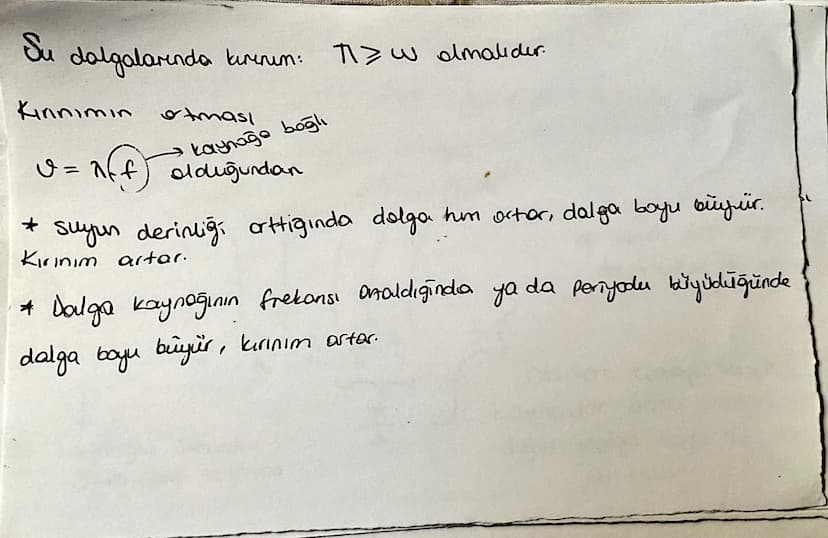 Su
dalgalarında kırınım:
Tw almalidir.
Kinnımın artması
+14=5
kaynağa bağlı
olduğundan
Suyun derinliği arttiginda dolga him ortor, dalga boy