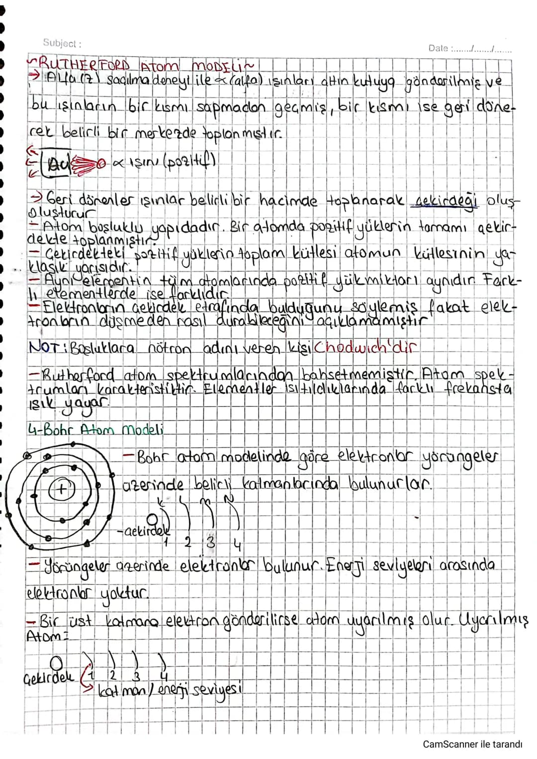 Subject:
RUTHERFORD Atom MODELI
Date .......
→ Alfa (7) saçılma deneyi ile & (alfa) ışınları attın kutuya gönderilmiş ve
bu ışınların bir kı