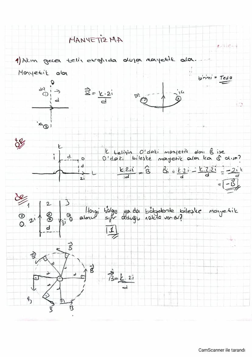 MANYETIZ MA
1)Akın gecer telin etrafinda dular maryetik alar.
Manyetik ala
B = k·zi
と
व
telinin
d
о
O'daki
d
k2B
k21
21
ad
birimi = Tesla
O'