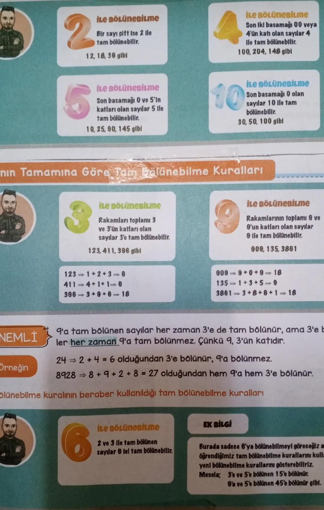 # ile bölünebilme

2
Bir sayı çift ise 2 ile tam bölünebilir.
12, 18, 36 gibi

# ile bölünebilme

5
Son basamağı 0 ve 5'in katları olan sayı
