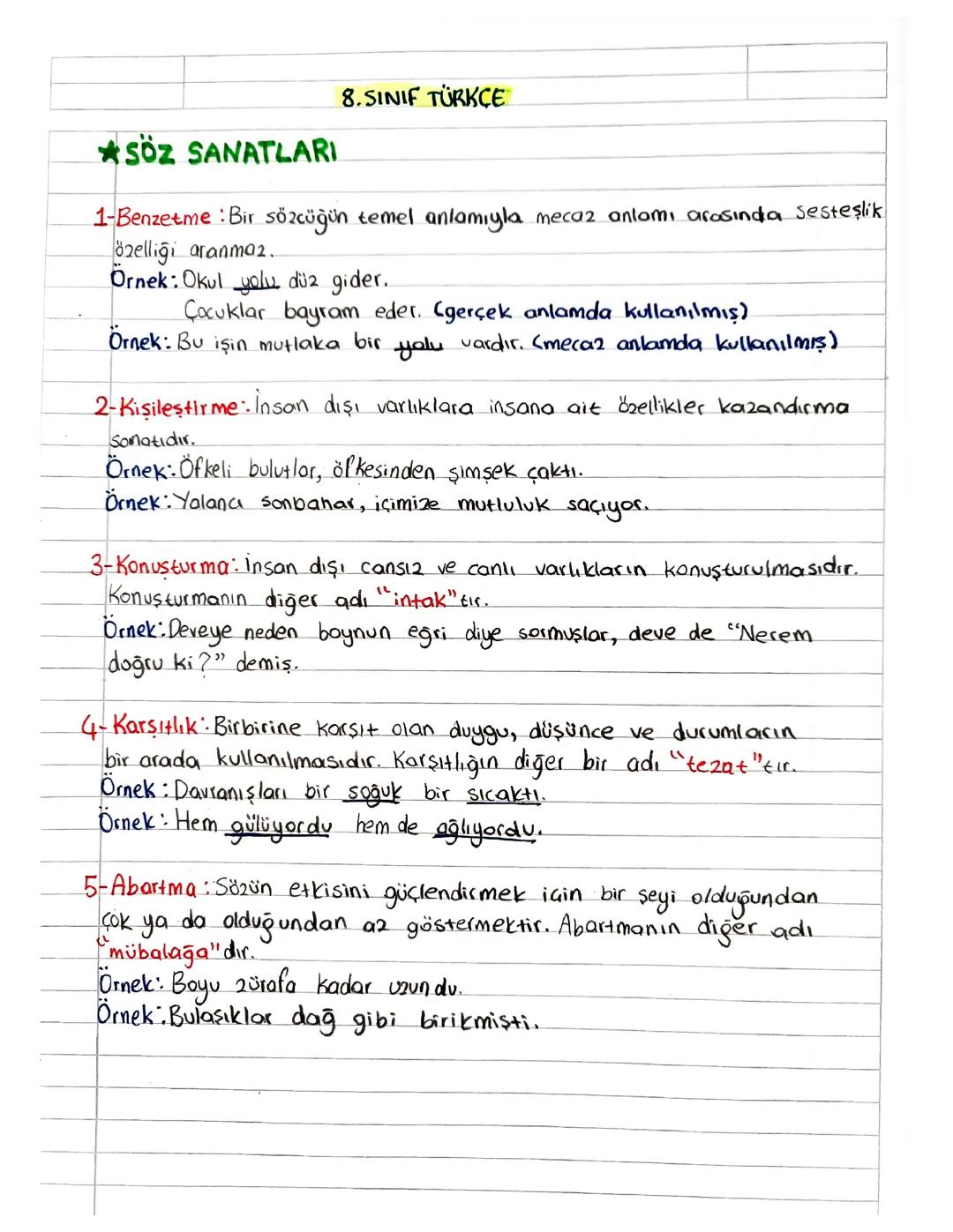 8. Sınıf Türkçe Söz Sanatları Konu Özeti