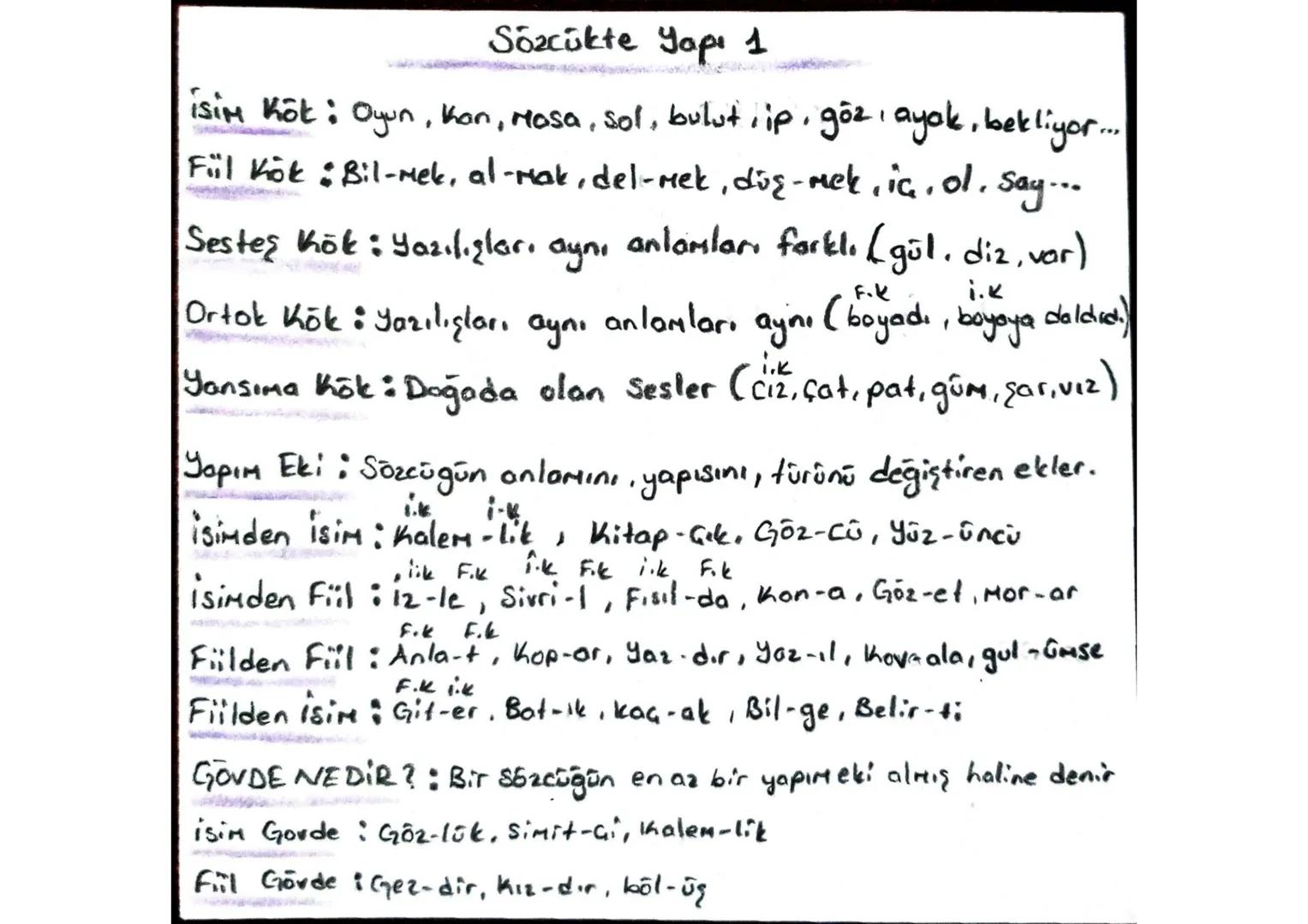 # Sözcükte Yapı 1

isim Köt: Oyun, Kon, Mosa, sol, bulut, ip, göz, ayak, bekliyor...

Fiil Kök : Bil-Mek, al-mak, del-mek, düş-mek, iç, ol. 