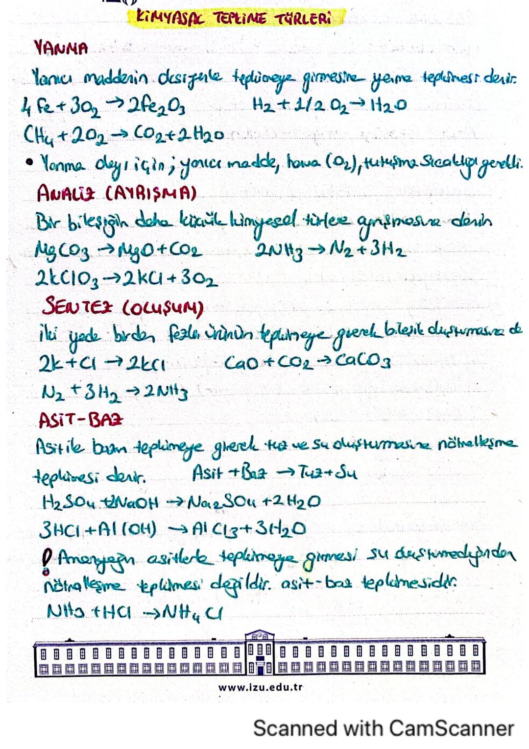 # KIMYASAL TEPLIME TÜRLERİ

VANNA

Yanıcı madderin designle teplioneye girmesine yerma teplinest denir.

4 Fe+3022fe203
H2+1/2O2 H20

CH4+20
