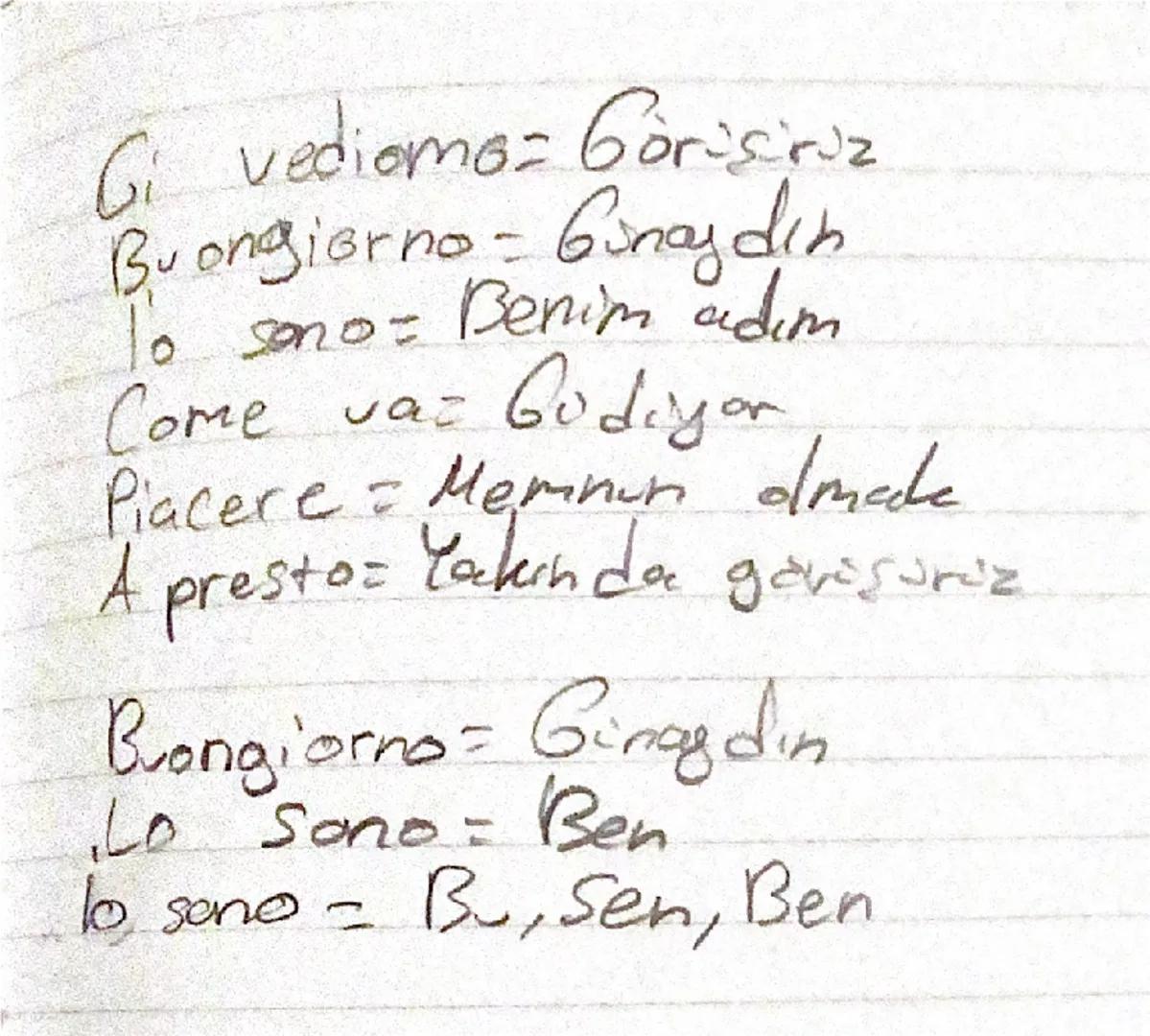 --- OCR Start ---
Italyanca
Salue = Merhaba Graziie = Saol
Un = Bir Cornetto = Kruvazon
Per favore = Lütfen 0 = Ya da/yoksa
Te = Gay Perfett