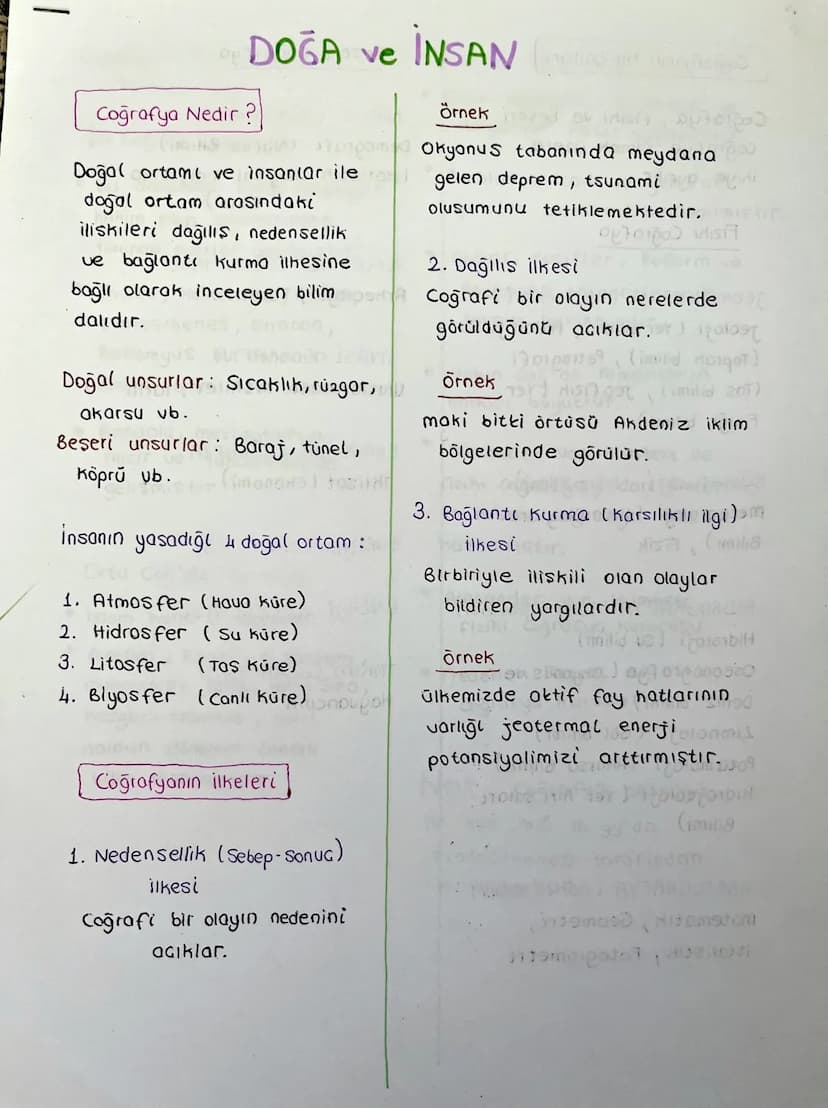 Coğrafya Nedir?
DOĞA ve İNSAN
mga
Doğal ortamı ve insantar ile
doğal ortam arasındaki
iliskileri dağılış, nedensellik
ve bağlantı kurma ilke