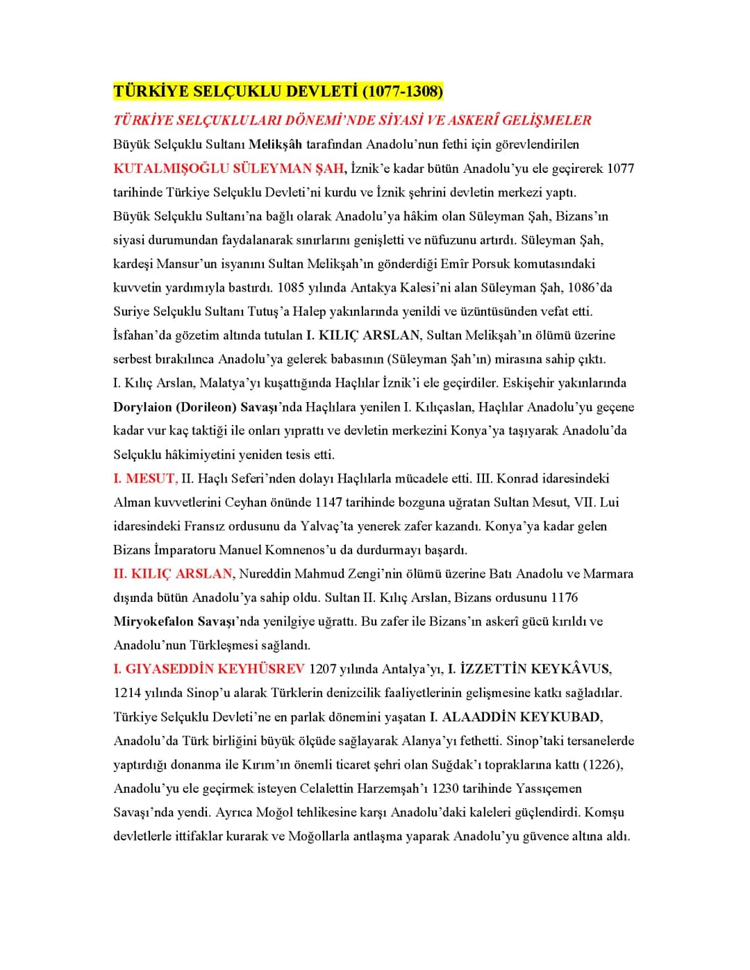 10. Sınıf Türkiye ve Anadolu Selçuklu Devleti PDF Özeti