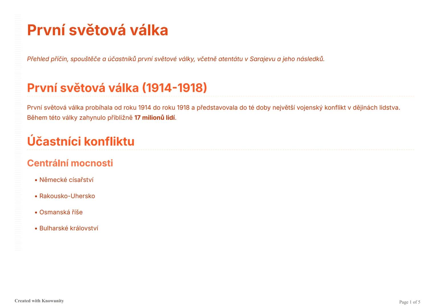 První světová válka
Přehled příčin, spouštěče a účastníků první světové války, včetně atentátu v Sarajevu a jeho následků.
První světová vál