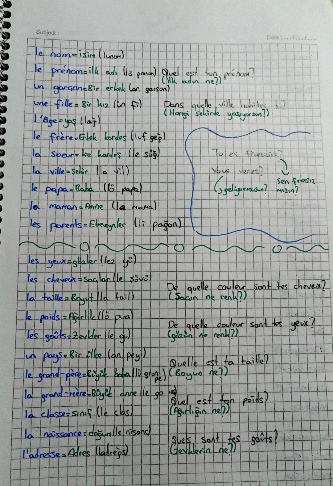 Subject:
le nom = isim (lunor)
le prénom ilk adı (15 prenom) Quel est ton prénom?
(ilk adın ne?)
un garçon-Bir erkek (an garson)
une fille B