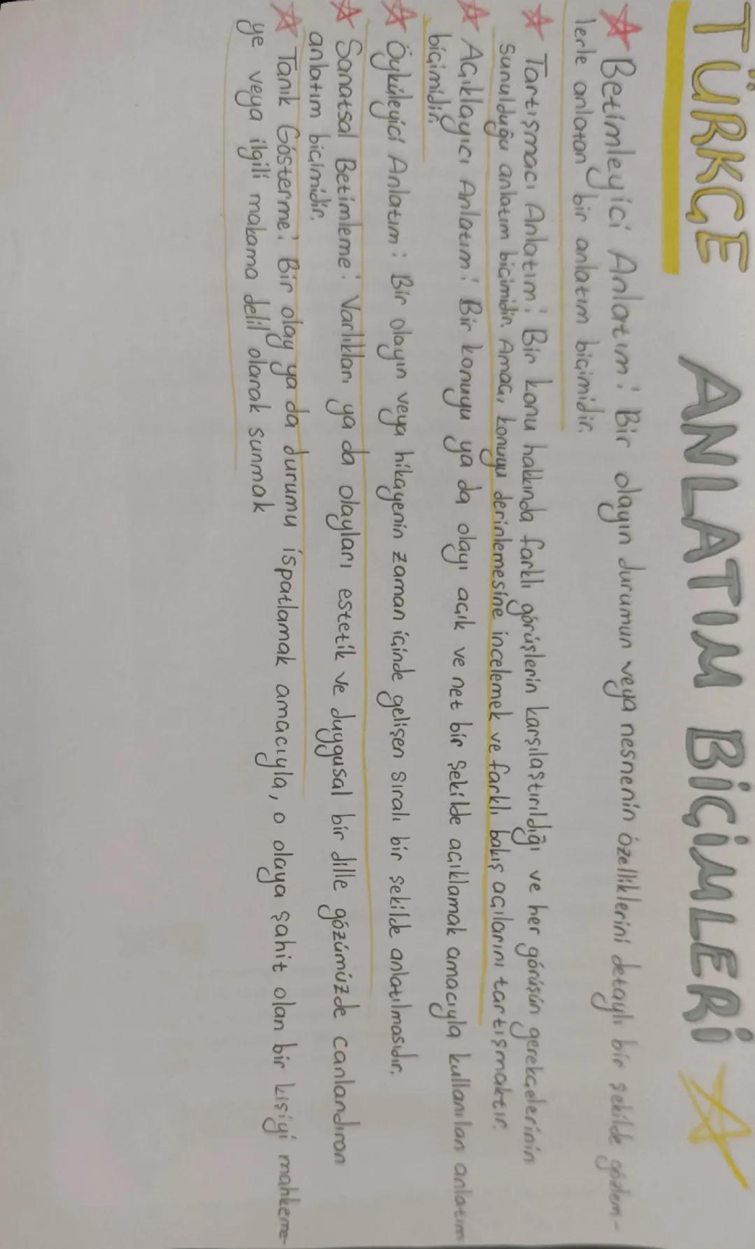 TÜRKÇE ANLATIM BİÇİMLERİ 

*Betimleyici Anlatım: Bir olayın durumun veya nesnenin özelliklerini detaylı bir şekilde göster- 
lerle anlatan b