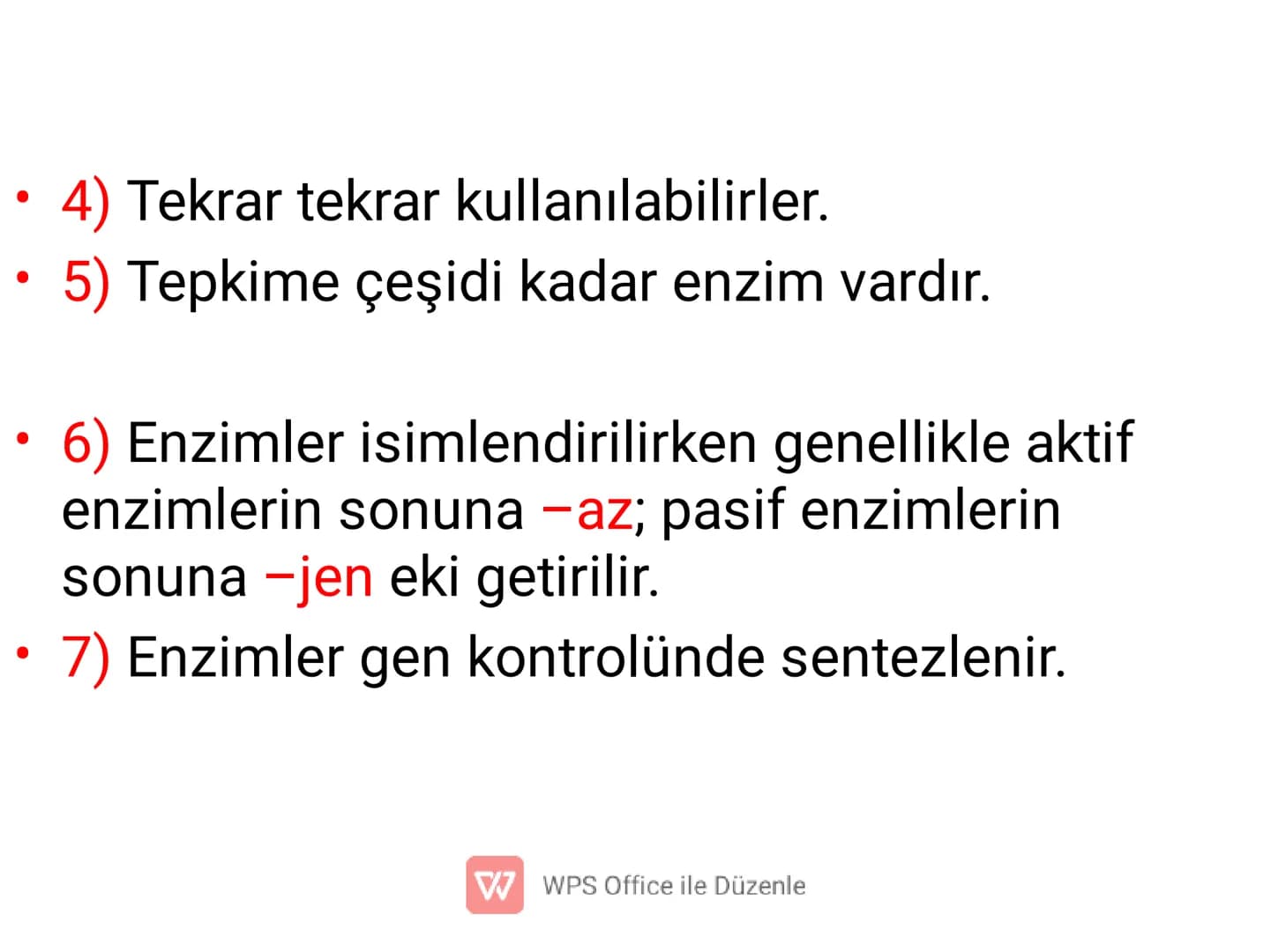 ENZİMLER
✔ Canlı vücudunda kimyasal
tepkimelerin gerçekleşmesine olanak
sağlayan organik maddelerdir.
(Biyolojik katalizörlerdir.)
W WPS Off