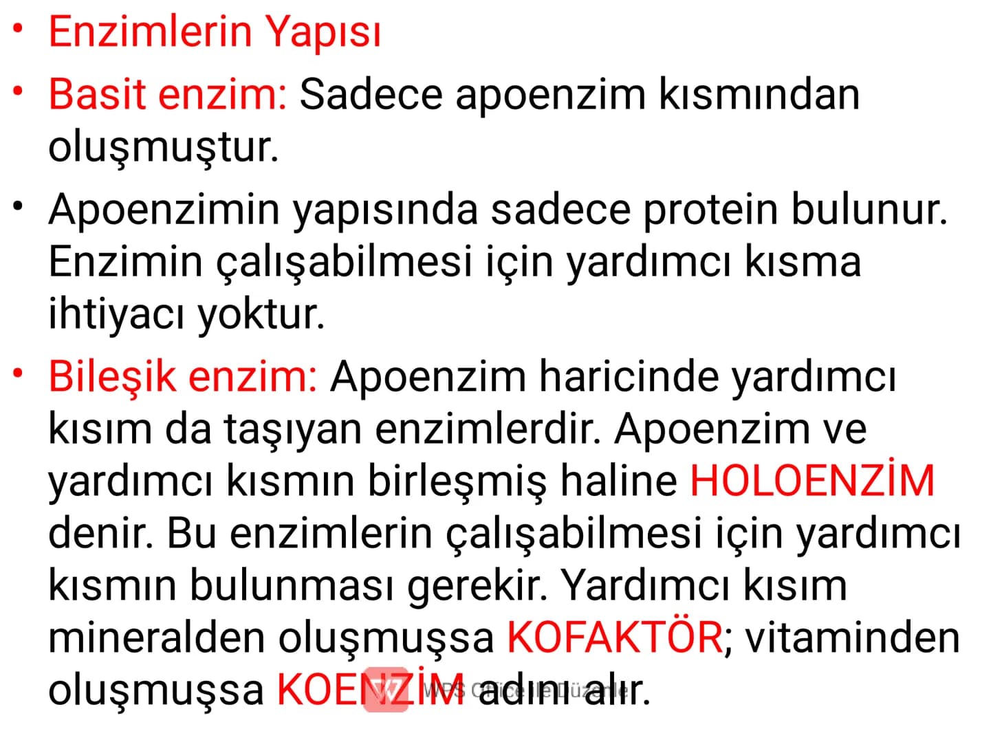 ENZİMLER
✔ Canlı vücudunda kimyasal
tepkimelerin gerçekleşmesine olanak
sağlayan organik maddelerdir.
(Biyolojik katalizörlerdir.)
W WPS Off