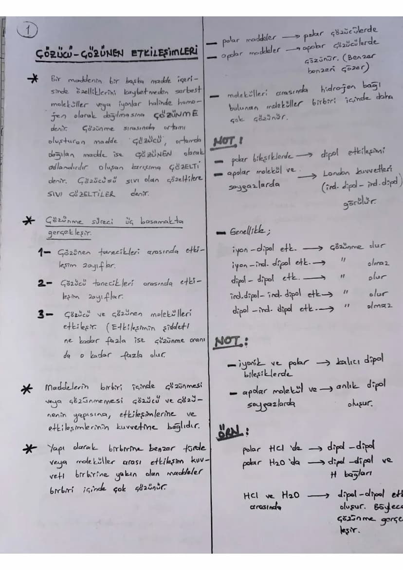 *
ÇÖRÜW-GÖRÜNEN ETKİLESİMLERİ
Bir maddenin bir başka madde içeri-
sinde özelliklerini kaybetmeden serbest
moleküller veya iyonlar halinde ho