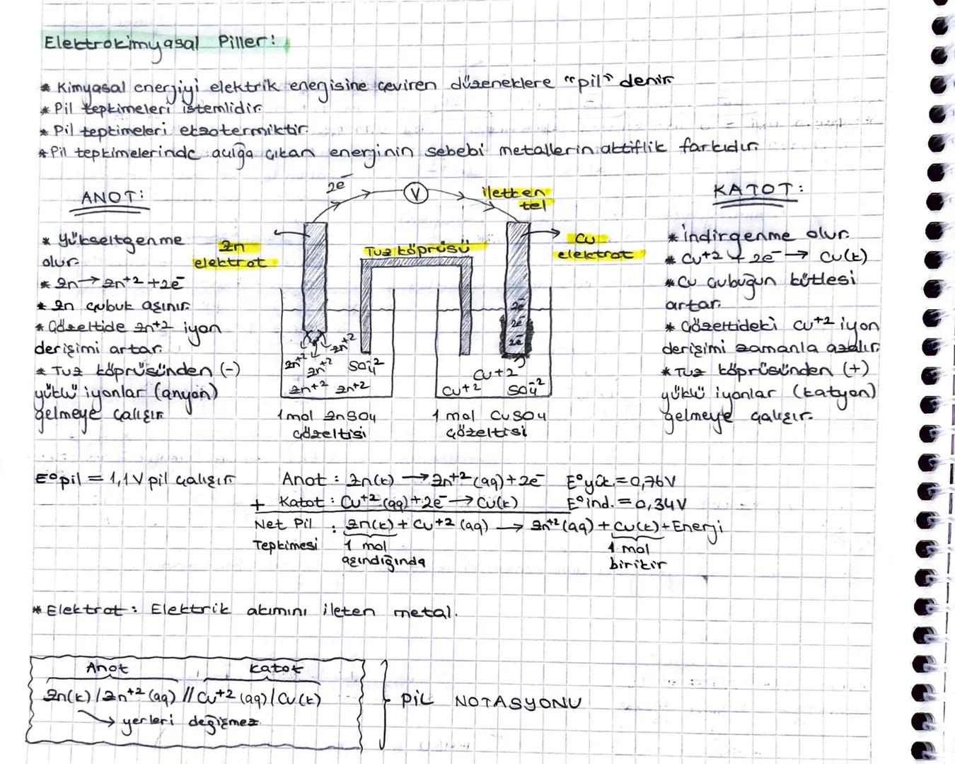 # Elektrokimyasal Piller:

* Kimyasal enerjiyi elektrik enerjisine çeviren düzeneklere "pil" denir
*Pil tepkimeleri istemlidir
* Pil tepkime